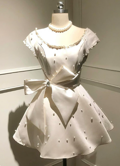 Charming Homecoming Dress Jewel Bowknot Pearl Pleated Back to School Outfits Party Dress D7313