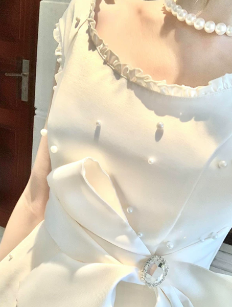 Charming Homecoming Dress Jewel Bowknot Pearl Pleated Back to School Outfits Party Dress D7313