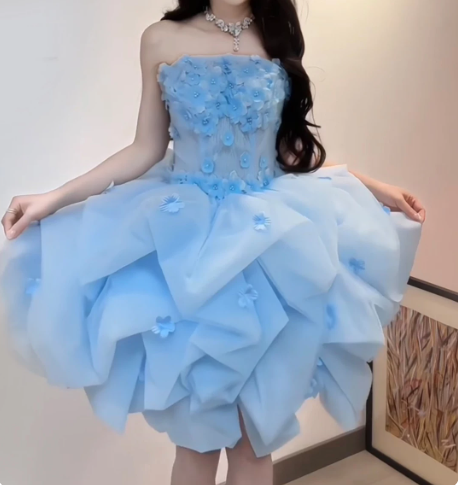 Charming Homecoming Dress Strapless Pleated Flower Cascade Back to School Outfits Party Dress D7320
