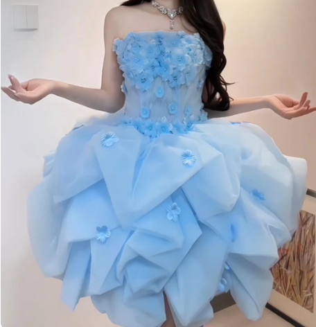 Charming Homecoming Dress Strapless Pleated Flower Cascade Back to School Outfits Party Dress D7320