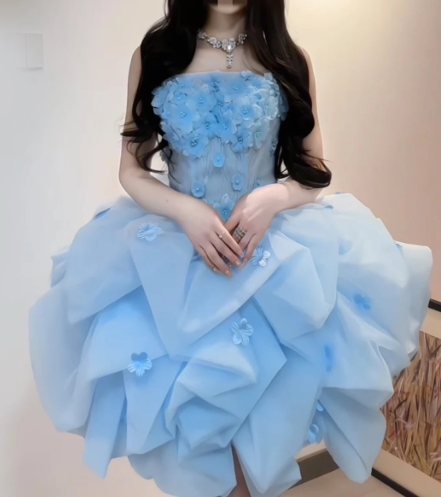 Charming Homecoming Dress Strapless Pleated Flower Cascade Back to School Outfits Party Dress D7320