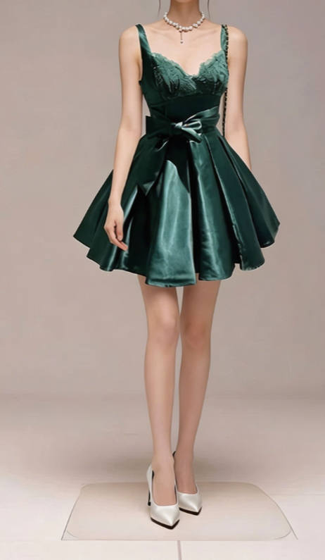 Charming Homecoming Dress V Neck Bowknot Pleated Back to School Outfits Party Dress  D7336