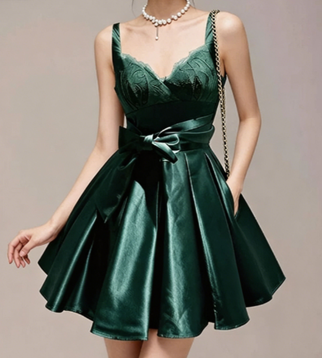 Charming Homecoming Dress V Neck Bowknot Pleated Back to School Outfits Party Dress  D7336