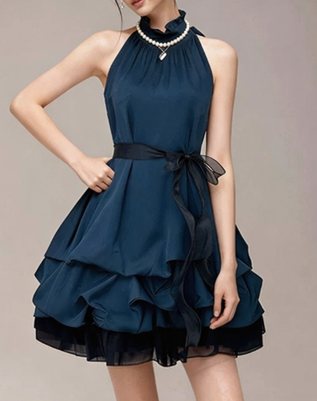 Charming Homecoming Dress High Collar Bowknot Pleated Tulle Back to School Outfits Party Dress  D7337