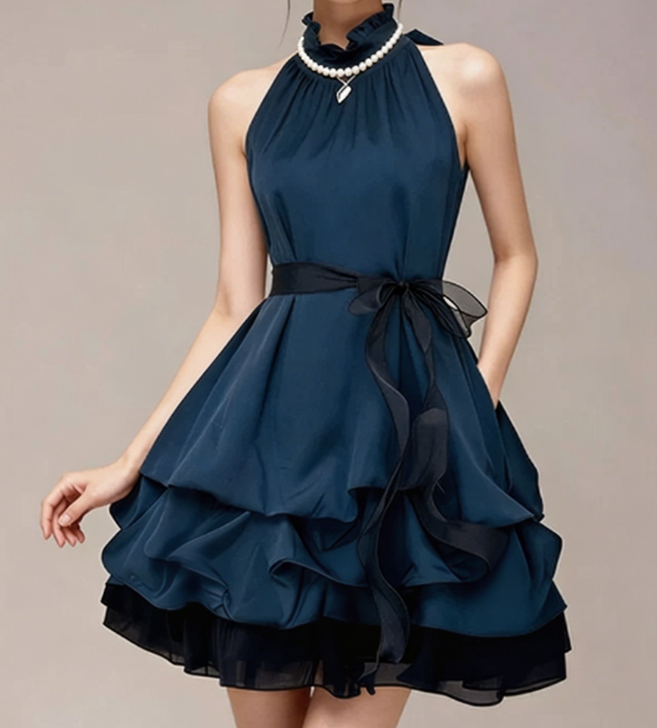 Charming Homecoming Dress High Collar Bowknot Pleated Tulle Back to School Outfits Party Dress  D7337