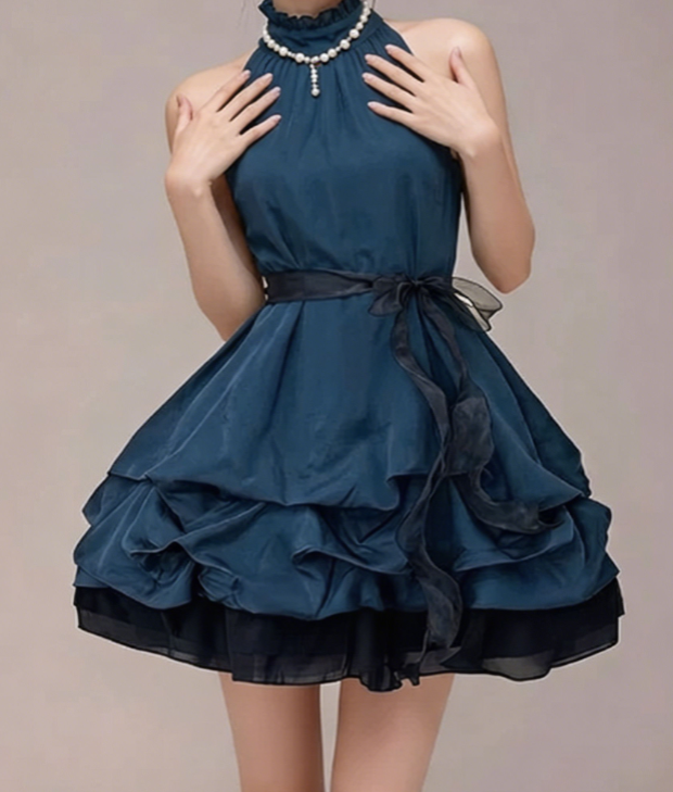 Charming Homecoming Dress High Collar Bowknot Pleated Tulle Back to School Outfits Party Dress  D7337