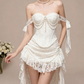 Charming Homecoming Dress Off the Shoulder Pearl Lace Hi-Lo Bowknot Pleated Back to School Outfits Party Dress  D7339