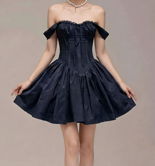 Charming Homecoming Dress Off the Shoulder Bowknot Pleated Back to School Outfits Party Dress  D7340