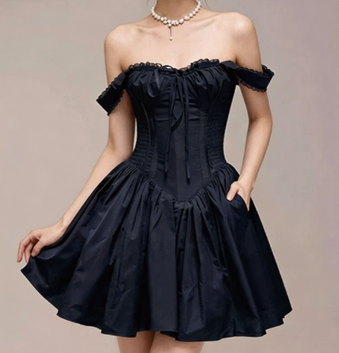 Charming Homecoming Dress Off the Shoulder Bowknot Pleated Back to School Outfits Party Dress  D7340