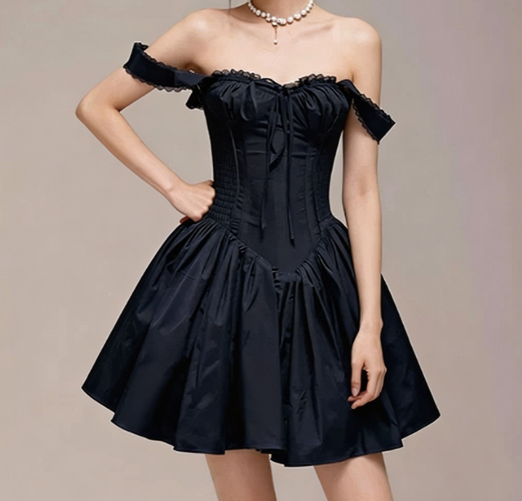 Charming Homecoming Dress Off the Shoulder Bowknot Pleated Back to School Outfits Party Dress  D7340