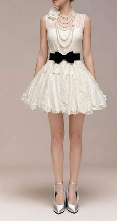 Charming Homecoming Dress Sheer Sharp Bowknot Lace Flower Back to School Outfits Party Dress  D7341