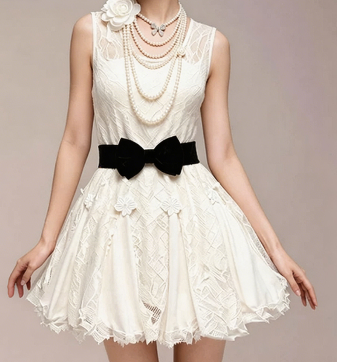 Charming Homecoming Dress Sheer Sharp Bowknot Lace Flower Back to School Outfits Party Dress  D7341