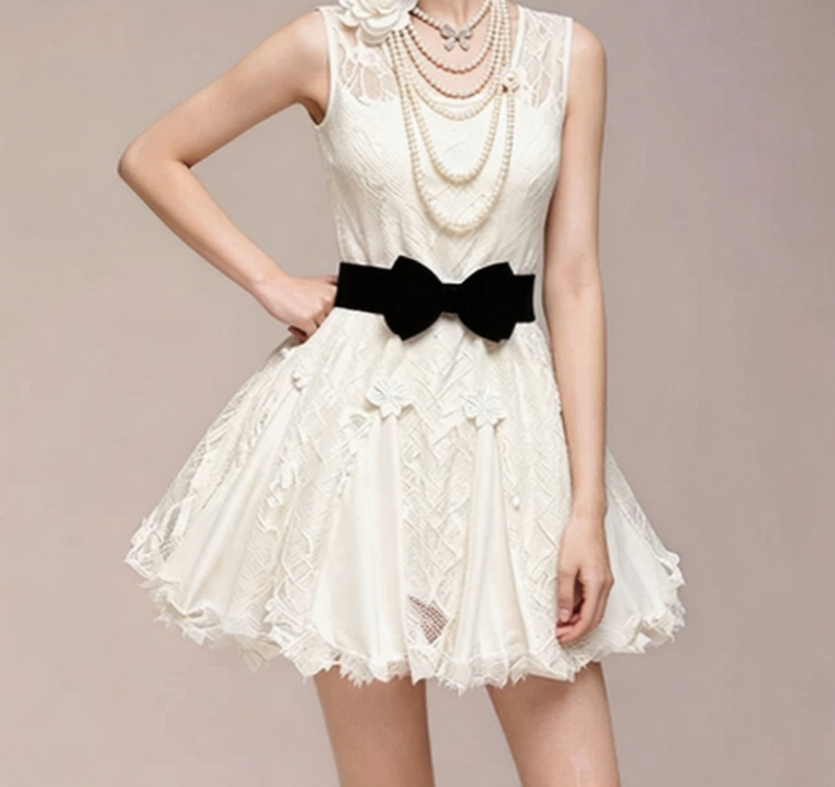 Charming Homecoming Dress Sheer Sharp Bowknot Lace Flower Back to School Outfits Party Dress  D7341