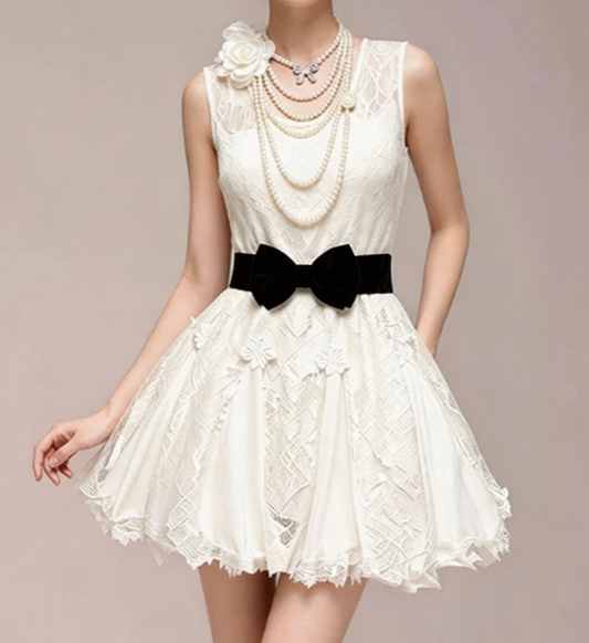 Charming Homecoming Dress Sheer Sharp Bowknot Lace Flower Back to School Outfits Party Dress  D7341