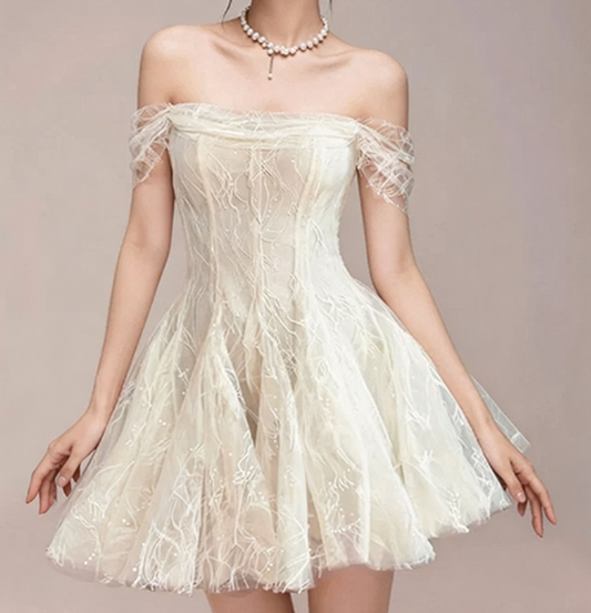 Charming Homecoming Dress Off the Shoulder Lace Pleated Back to School Outfits Party Dress  D7344