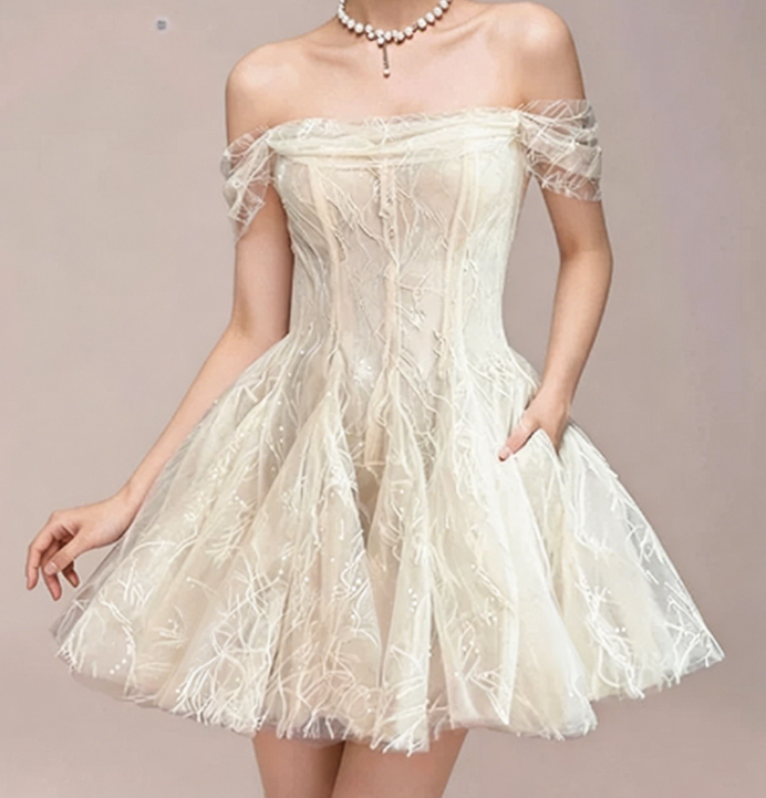 Charming Homecoming Dress Off the Shoulder Lace Pleated Back to School Outfits Party Dress  D7344