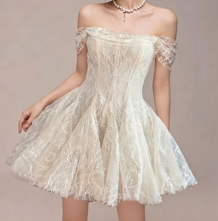Charming Homecoming Dress Off the Shoulder Lace Pleated Back to School Outfits Party Dress  D7344