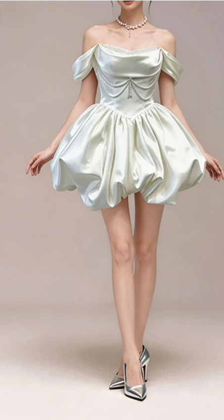 Charming Homecoming Dress Off the Shoulder Rinestone Pearl Pleated Back to School Outfits Party Dress  D7345