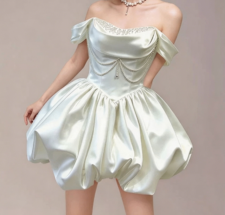 Charming Homecoming Dress Off the Shoulder Rinestone Pearl Pleated Back to School Outfits Party Dress  D7345