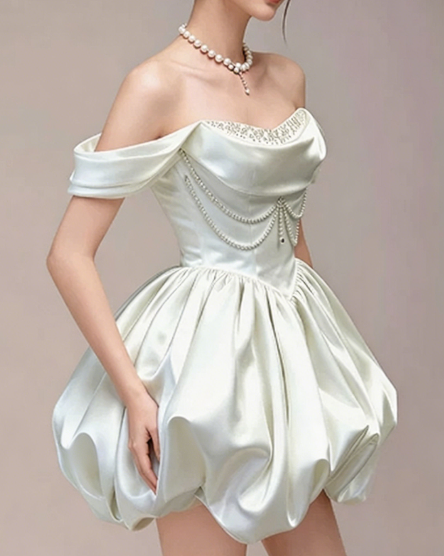 Charming Homecoming Dress Off the Shoulder Rinestone Pearl Pleated Back to School Outfits Party Dress  D7345