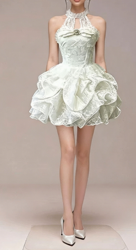 Charming Homecoming Dress Halter Rinestone Lace Cascade Back to School Outfits Party Dress  D7346