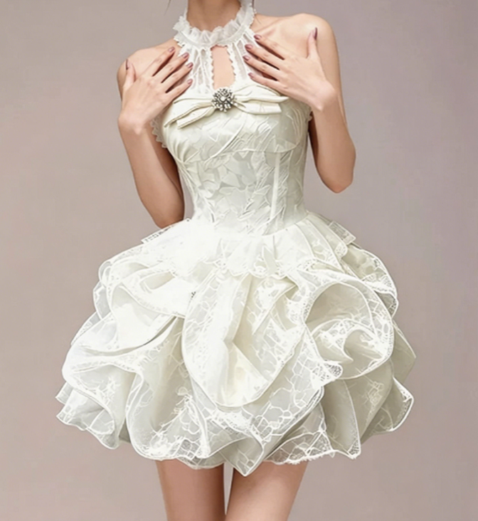 Charming Homecoming Dress Halter Rinestone Lace Cascade Back to School Outfits Party Dress  D7346