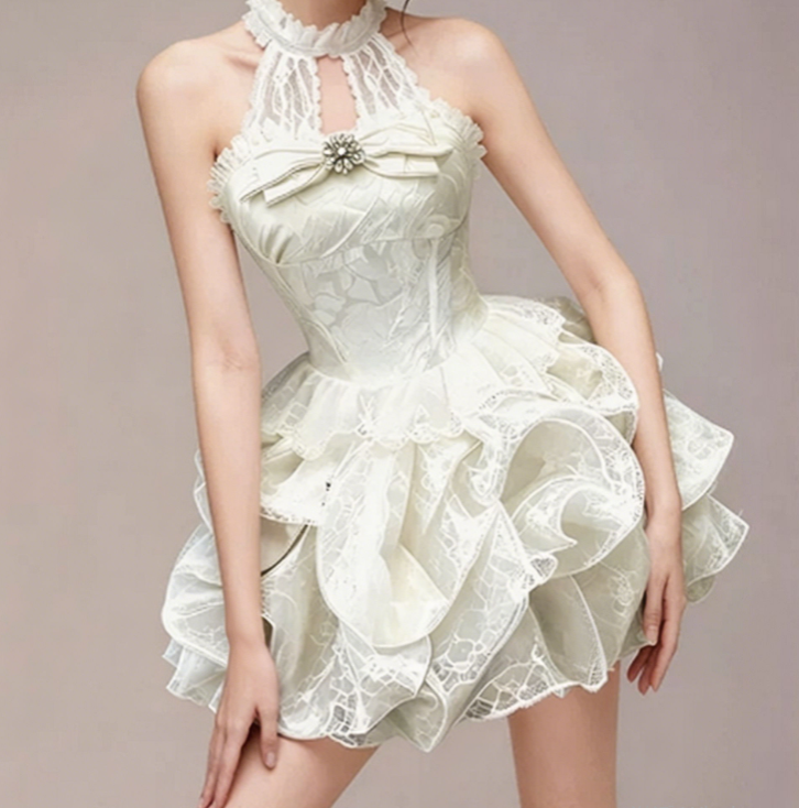 Charming Homecoming Dress Halter Rinestone Lace Cascade Back to School Outfits Party Dress  D7346
