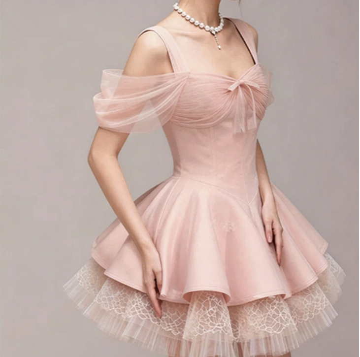 Charming Homecoming Dress Off the Shoulder Bowknot Tulle Pleated Back to School Outfits Party Dress  D7347