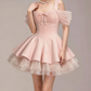 Charming Homecoming Dress Off the Shoulder Bowknot Tulle Pleated Back to School Outfits Party Dress  D7347