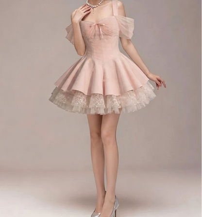 Charming Homecoming Dress Off the Shoulder Bowknot Tulle Pleated Back to School Outfits Party Dress  D7347