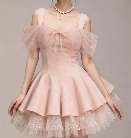 Charming Homecoming Dress Off the Shoulder Bowknot Tulle Pleated Back to School Outfits Party Dress  D7347