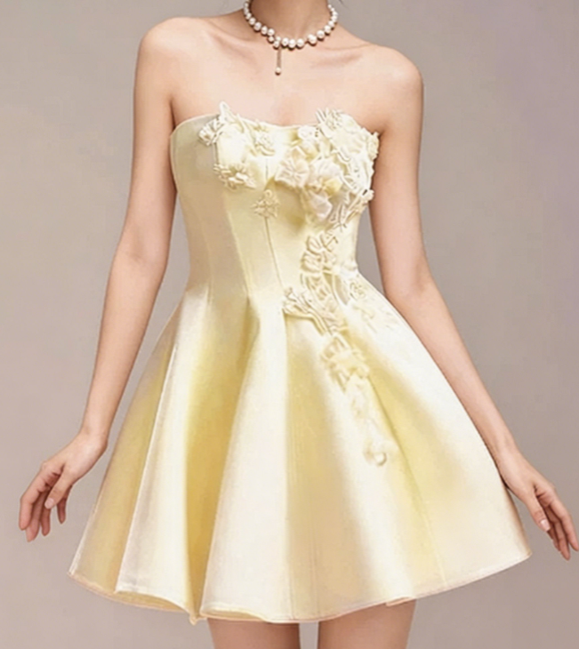 Charming Homecoming Dress Strapless Flower Pleated Back to School Outfits Party Dress  D7350