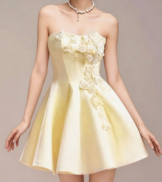 Charming Homecoming Dress Strapless Flower Pleated Back to School Outfits Party Dress  D7350