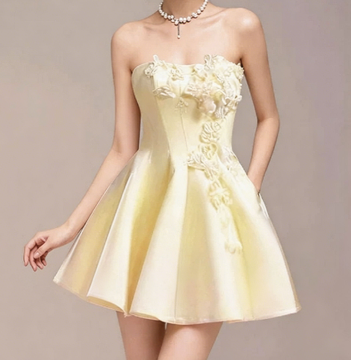 Charming Homecoming Dress Strapless Flower Pleated Back to School Outfits Party Dress  D7350