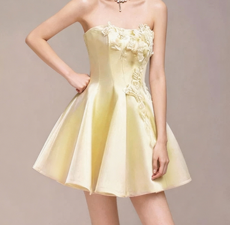 Charming Homecoming Dress Strapless Flower Pleated Back to School Outfits Party Dress  D7350