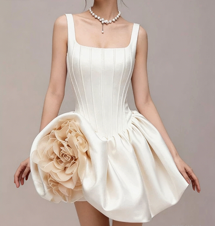 Charming Homecoming Dress Square Flower Pleated Back to School Outfits Party Dress  D7351