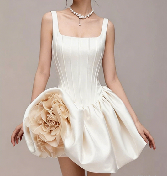 Charming Homecoming Dress Square Flower Pleated Back to School Outfits Party Dress  D7351