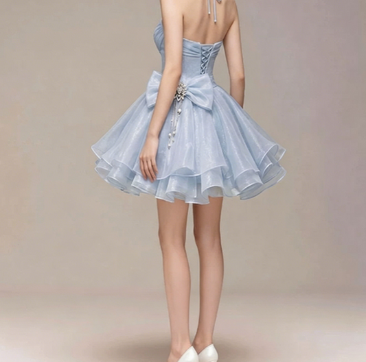 Charming Homecoming Dress Halter Rinestone Pleated Back to School Outfits Party Dress  D7355