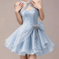 Charming Homecoming Dress Halter Rinestone Pleated Back to School Outfits Party Dress  D7355