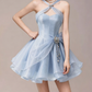 Charming Homecoming Dress Halter Rinestone Pleated Back to School Outfits Party Dress  D7355