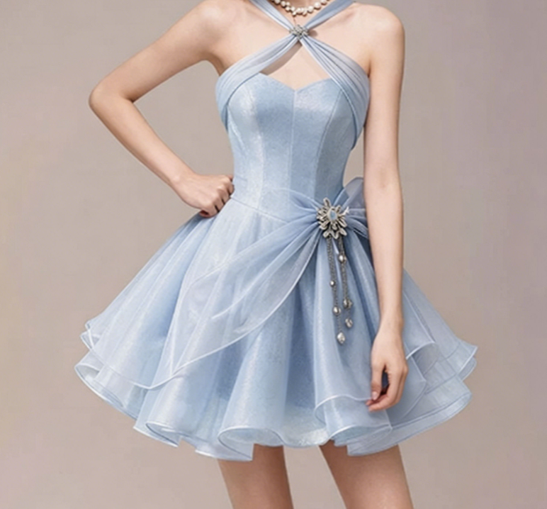 Charming Homecoming Dress Halter Rinestone Pleated Back to School Outfits Party Dress  D7355