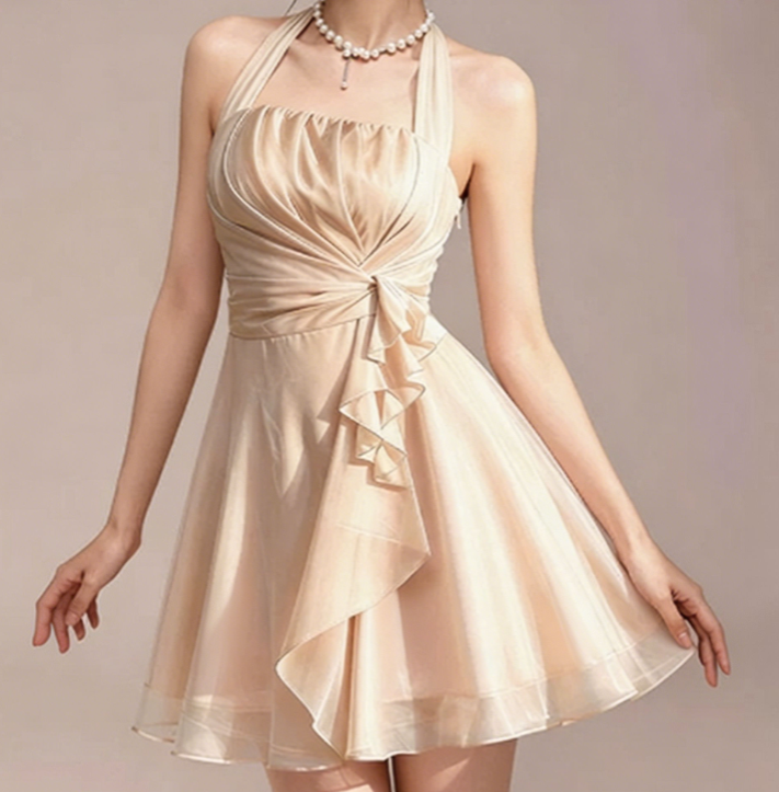 Charming Homecoming Dress Halter Pleated Back to School Outfits Party Dress  D7357