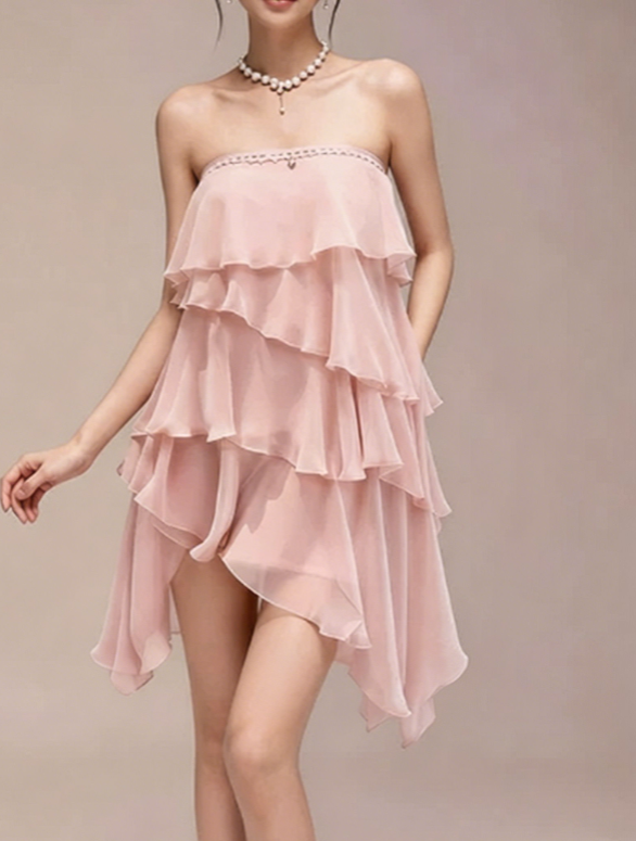 Charming Homecoming Dress Strapless Flouncing Cascade Pearl Back to School Outfits Party Dress  D7359