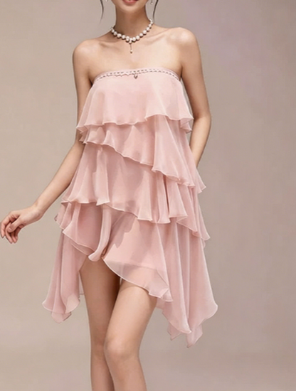 Charming Homecoming Dress Strapless Flouncing Cascade Pearl Back to School Outfits Party Dress  D7359
