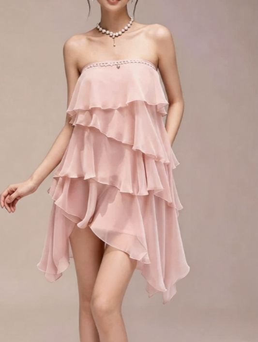 Charming Homecoming Dress Strapless Flouncing Cascade Pearl Back to School Outfits Party Dress  D7359