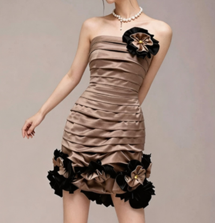 Charming Homecoming Dress Strapless Shirred Flower Pearl Back to School Outfits Party Dress  D7361