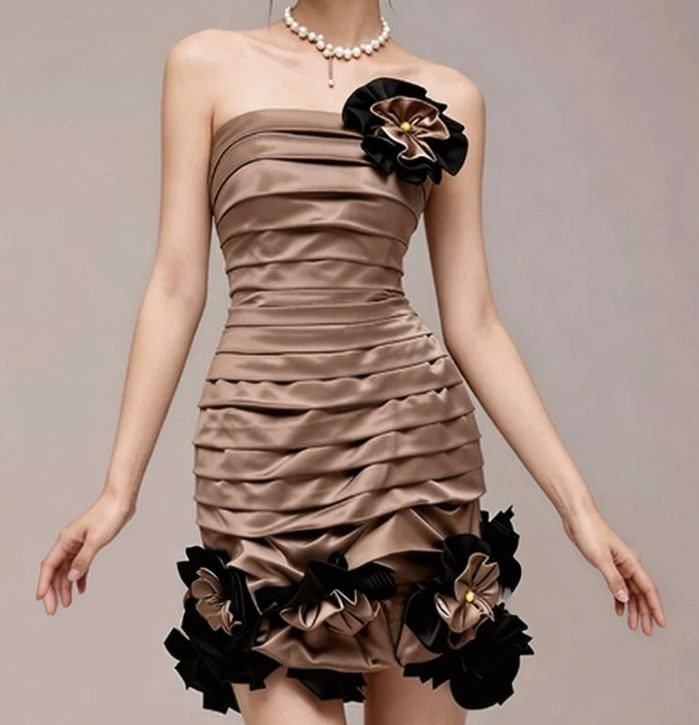 Charming Homecoming Dress Strapless Shirred Flower Pearl Back to School Outfits Party Dress  D7361