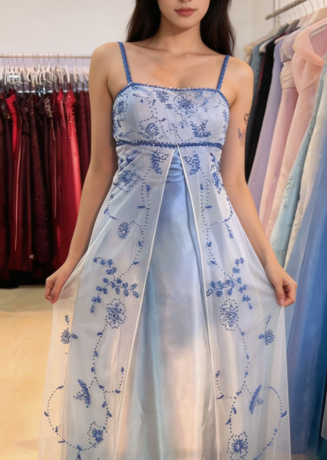 Ombre Spaghetti Straps A-Line Beading Long Prom Dress Vintage Party Dress, D679