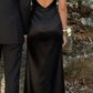Robe de soirée sirène en satin noir, longue et simple, à bretelles, D678