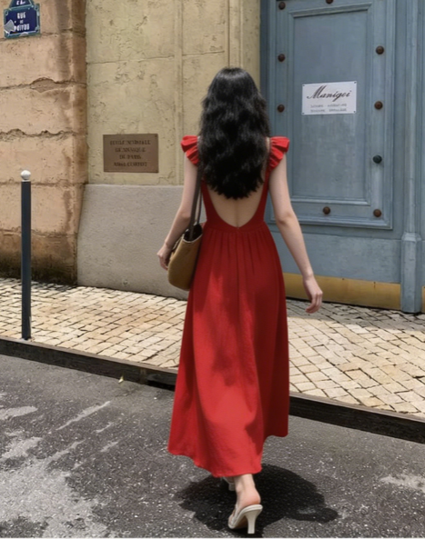 Red Straps A-Line Long Party Dress Fashion Vacation Dress, D173